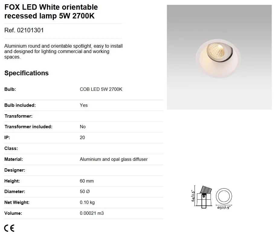 Spot LED dimabil / incastrabil / orientabil pentru tavan / plafon FOX alb 5W