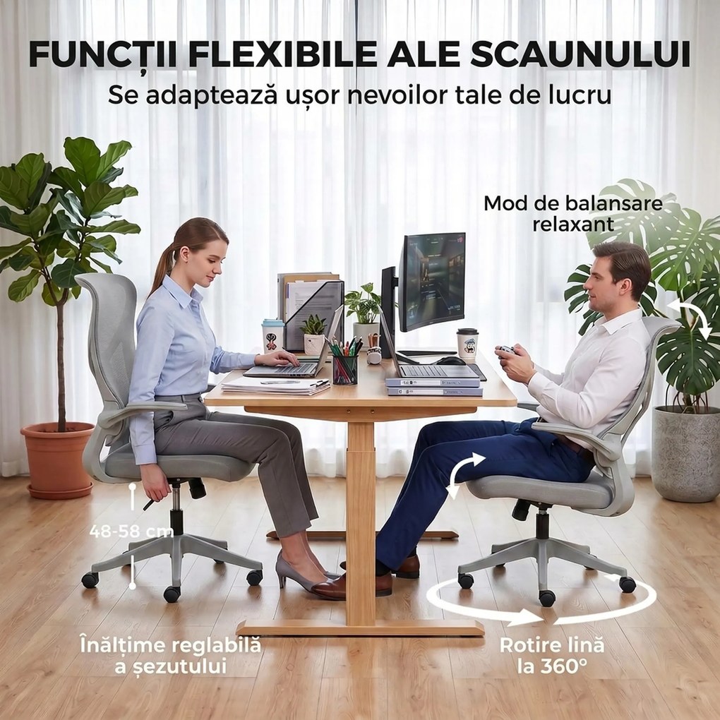 HOMCOM Scaun de birou ergonomic rotativ, cu cotiere rabatabile, funcție de balans, înălțime reglabilă, din plasă, gri | Aosom Romania
