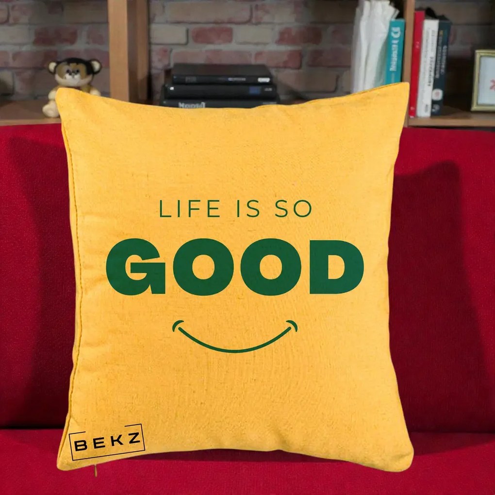 Perna Decorativa Life is So Good Mesaj Pozitiv, 40x40 cm, Galben, Husa Detasabila, Perna Inclusa, BEKZ®