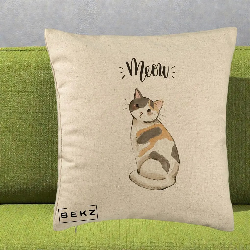 Perna Personalizata Pisica Meow Acuarela, 40x40 cm, Bej, Husa Detasabila, Perna Inclusa, BEKZ®