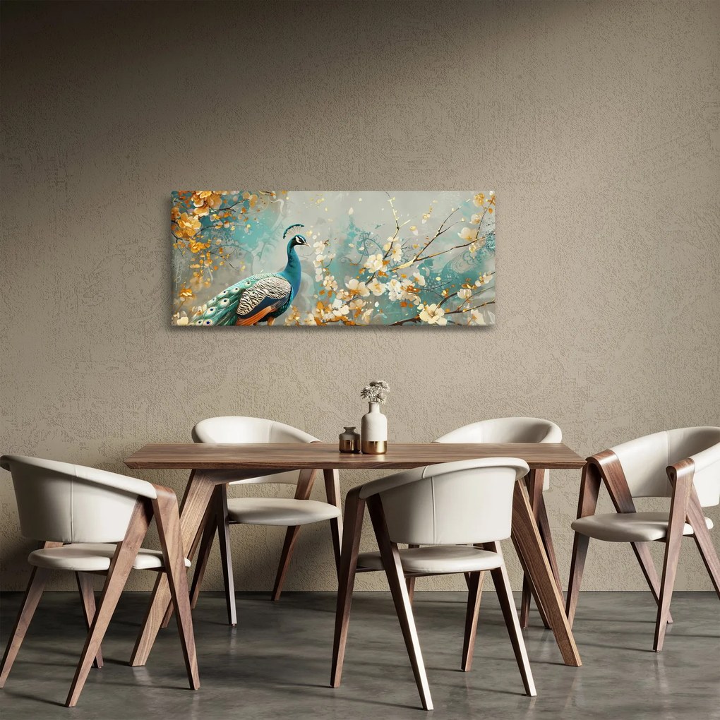 Tablou - Păun cu decor de aur (120x50 cm)