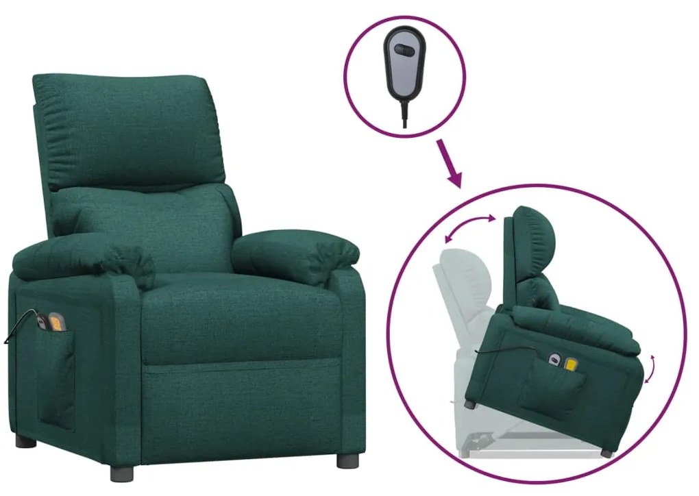 3110990 vidaXL Fotoliu de masaj cu ridicare, verde închis, material textil
