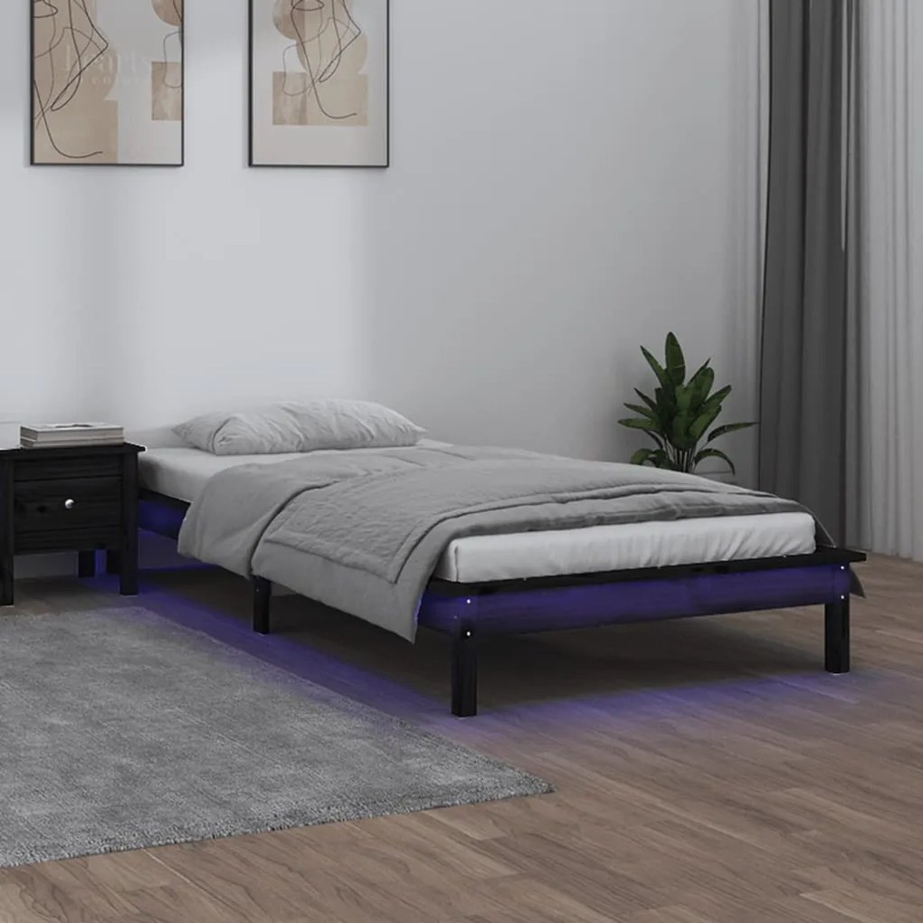 820635 vidaXL Cadru de pat LED mic single 2FT6, negru, 75x190 cm, lemn masiv