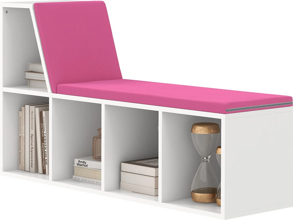 HOMCOM Bibliotecă-bancă 2 în 1 cu 5 compartimente de depozitare și 2 perne 108 x 30 x 60 cm alb roz | Aosom Romania