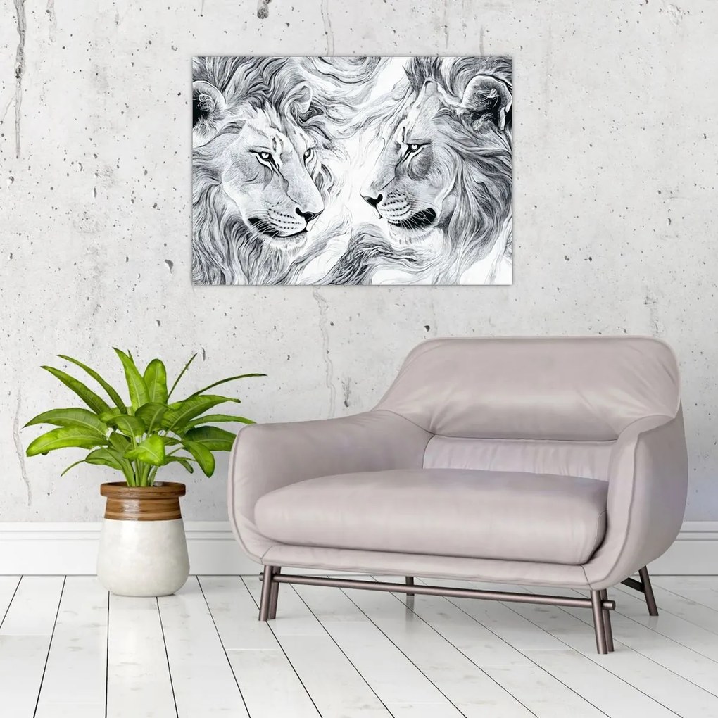 Tablou pe sticlă - Capete de lei desenate (70x50 cm)