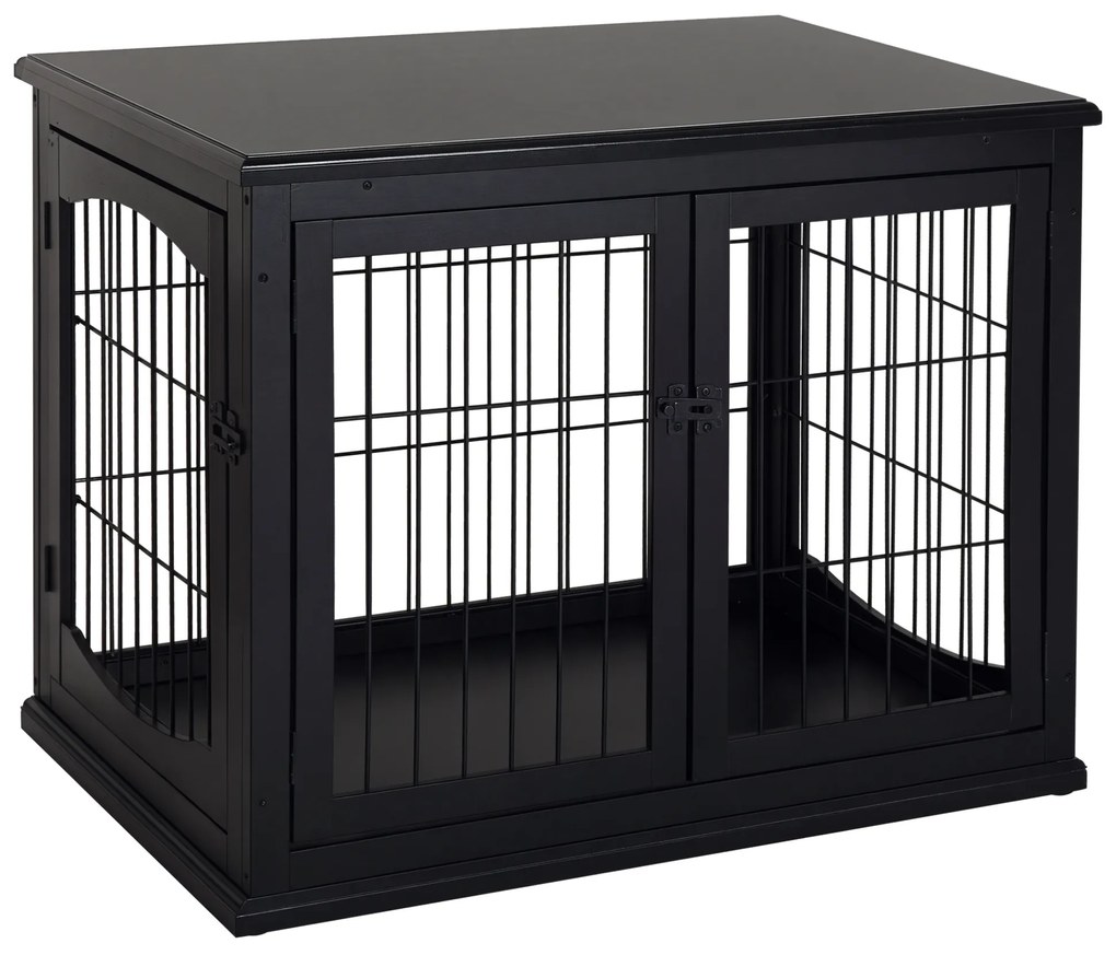 PawHut Cușcă pentru câine animale cușcă din MDF clasa E1 3 uși cu siguranță max. 30 Kg dim. 81L x 58l x 66Î cm negru | Aosom Romania