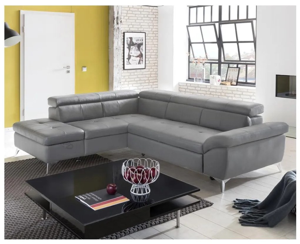 Canapea colțar extensibilă din piele SALERNO II, dreapta, gri