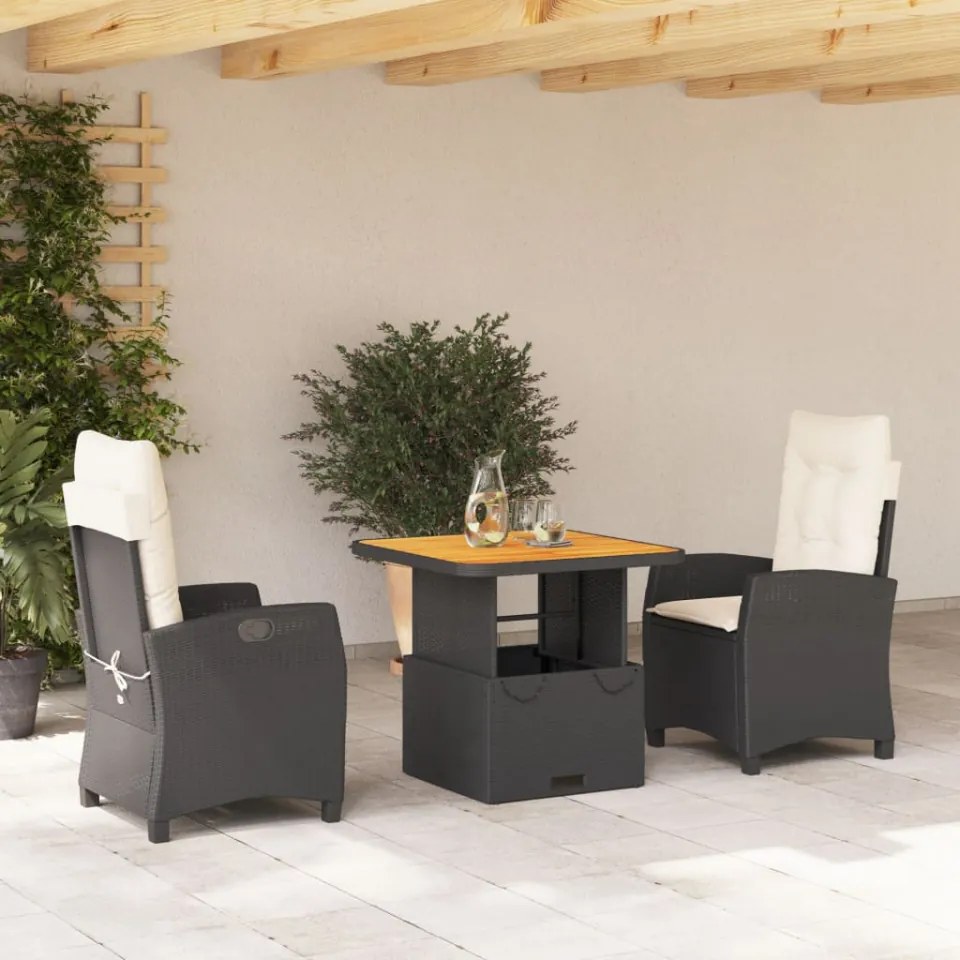 Set mobilier de grădină cu perne, 3 piese, negru, poliratan