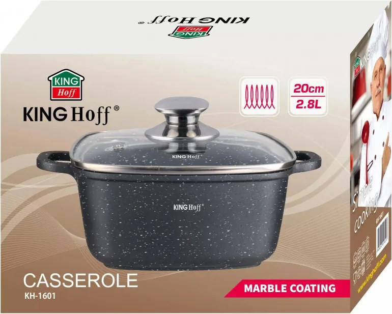 Cratita pentru cuptor si plita Kinghoff KH 1601, 20x20 cm, 2,8 l, Acoperire marmura, Inductie, Negru