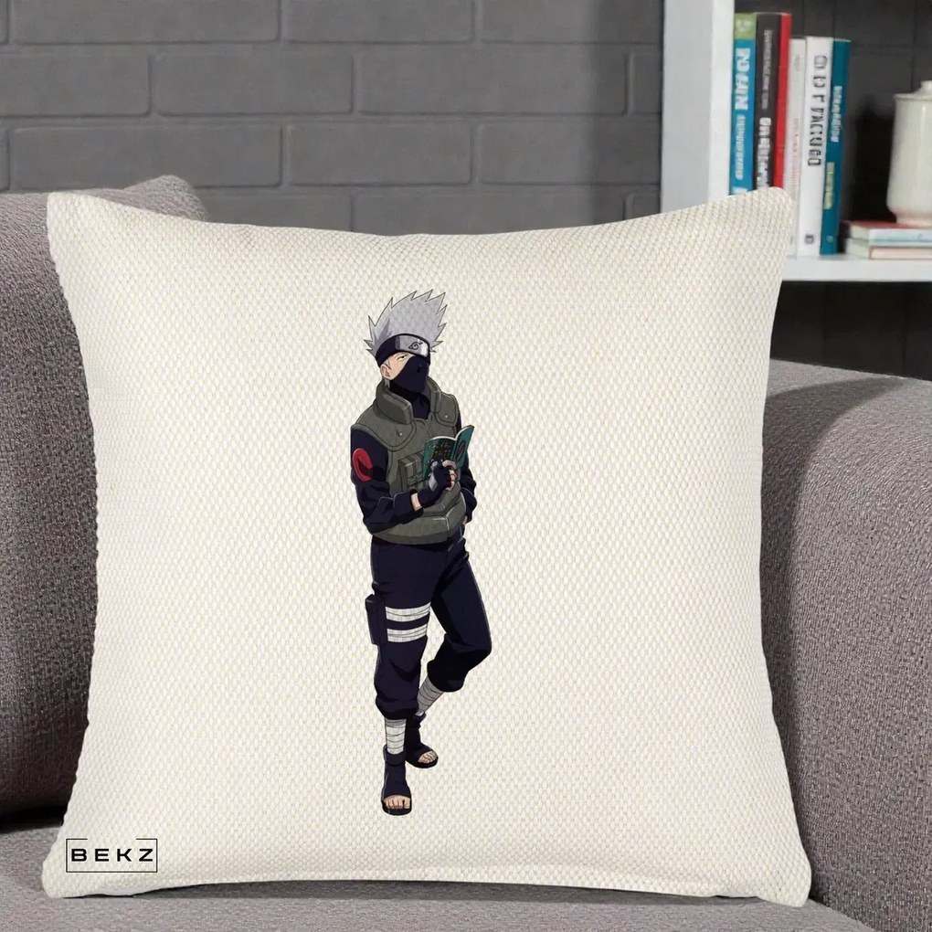 Perna Personalizata Naruto Kakashi Hatake Portret Complet, 40x40 cm, Crem Reliefat, Husa Detasabila, Perna Inclusa, BEKZ®