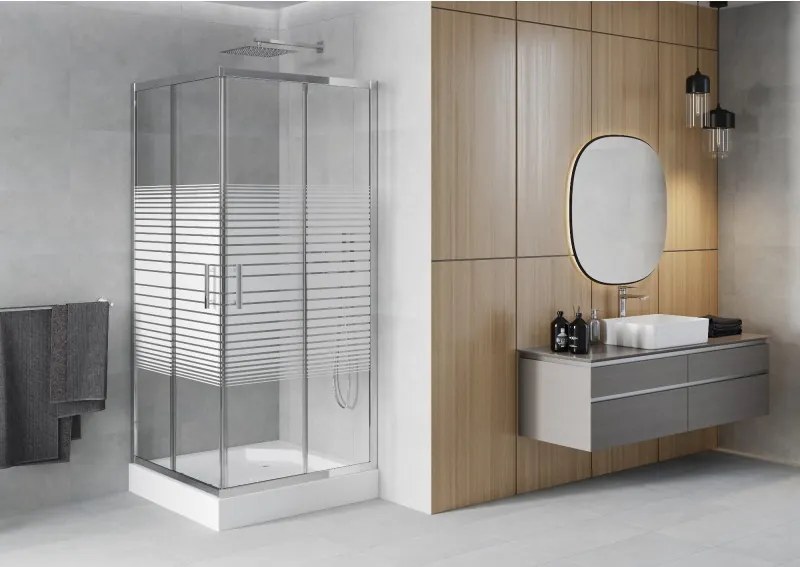 Mexen Rio cabina de duș pătrată 90 x 90 cm, dungi albe, crom + cadă de duș, alb - 860-090-090-01-20-4510