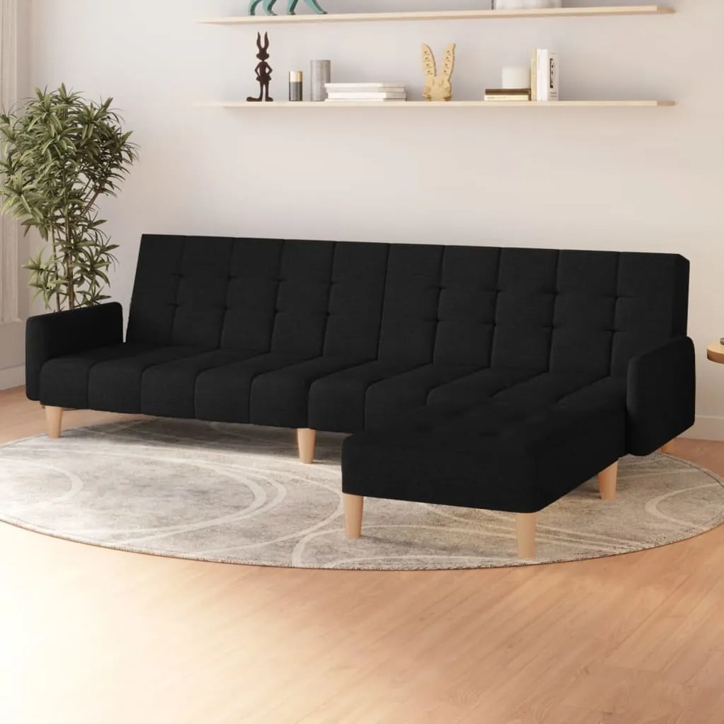 Canapea extensibilă cu 2 locuri și taburet, negru, textil