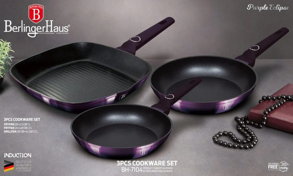 Set 3 tigai Purple Eclipse Collection Berlinger Haus BH 7104, antiaderente, titan, mov, grill, inductie, curatare usoara