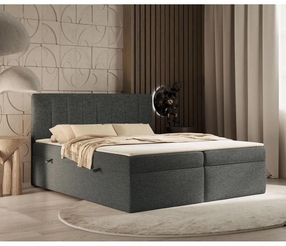 Pat boxspring gri închis cu spațiu de depozitare 180x200 cm Novento – Maison de Rêve