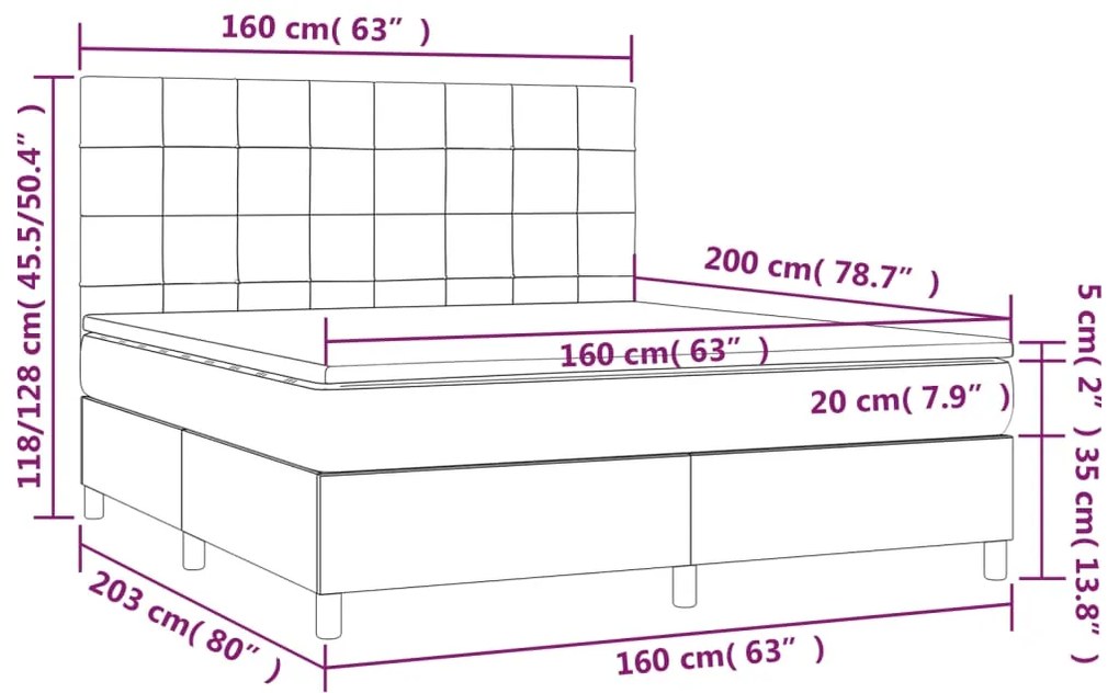 Pat cu arcuri, saltea si LED, crem, 160x200 cm, textil Crem, 160 x 200 cm, Cu blocuri patrate