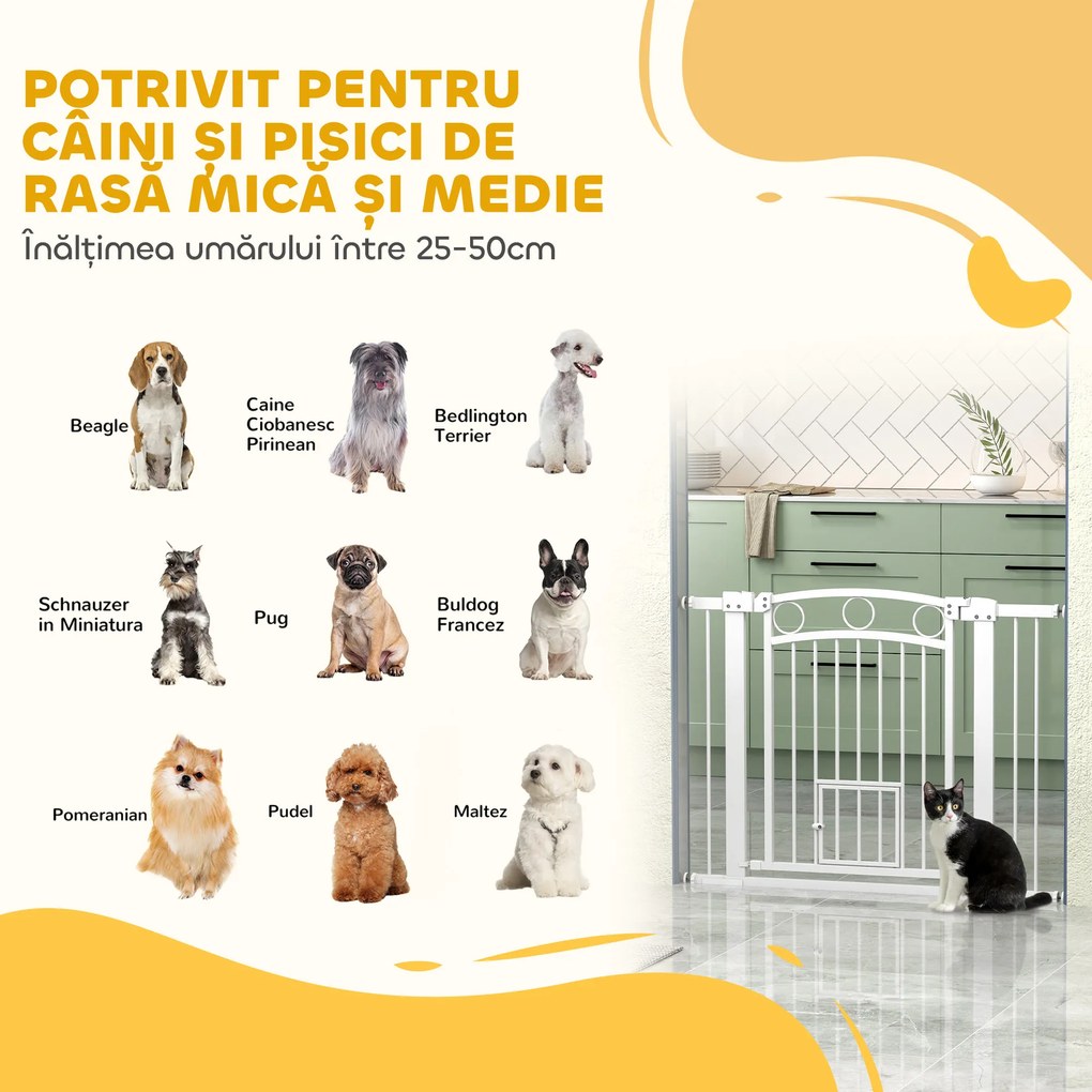 PawHut Barieră de Siguranță Interioară pentru Câini cu 2 Extensii și Ușă pentru Pisici, 76-104x77 cm, Alb | Aosom Romania