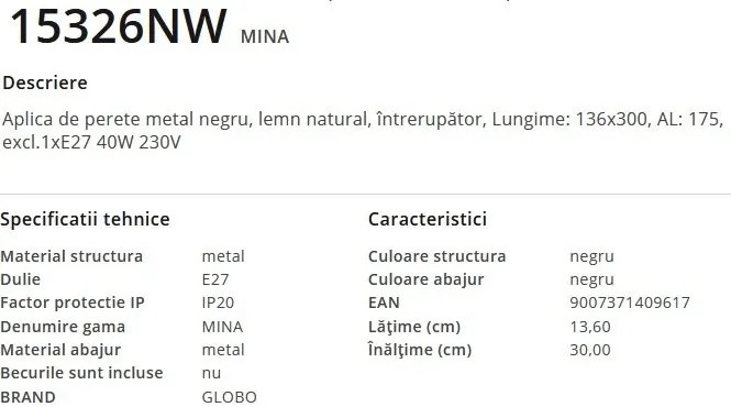 Aplica de perete stil natural minimalist MINA natur