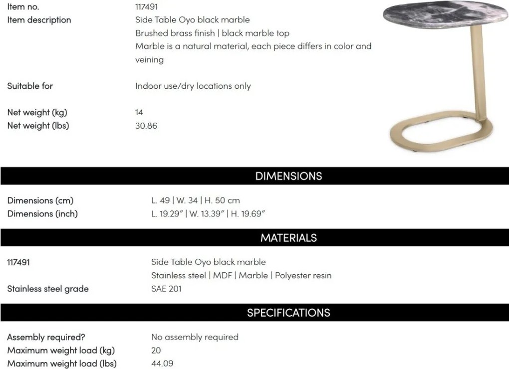 Masuta laterala design LUX cu blat din marmura Oyo