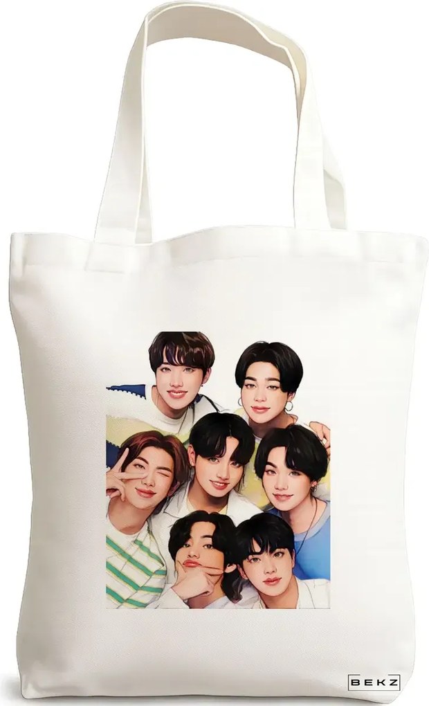 Sacosa de Panza pentru Cumparaturi, Geanta Tote, model BTS Army 2, 38x34.5 cm, Alba, BEKZ®