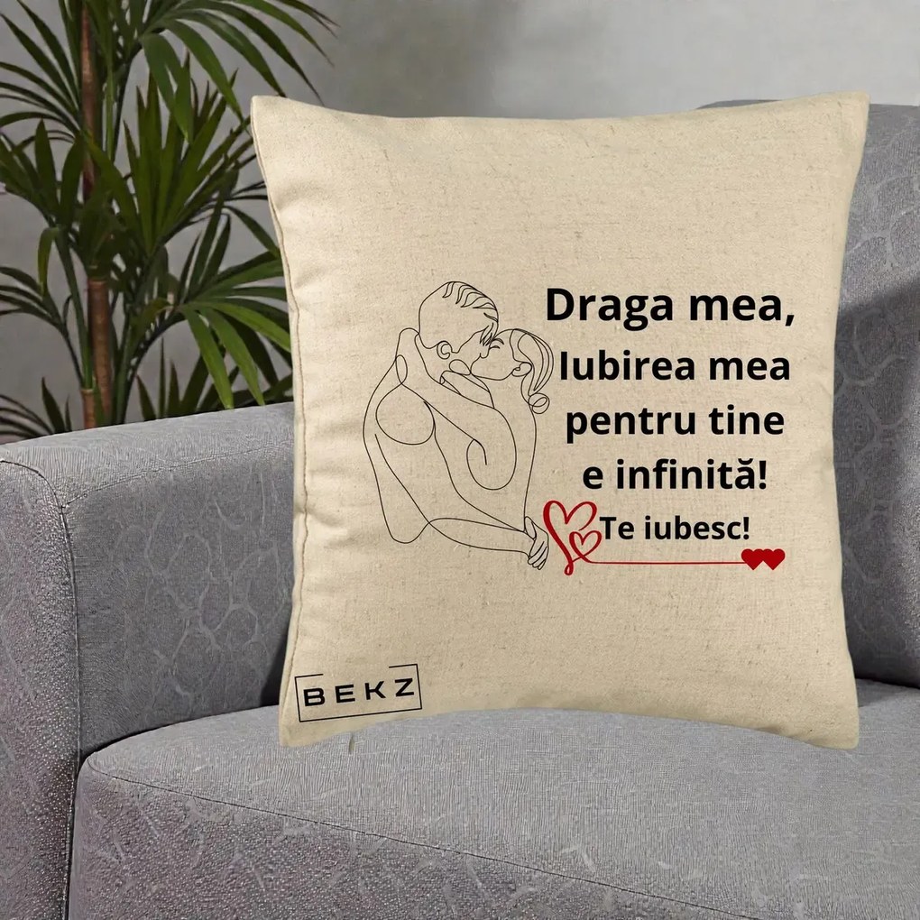 Cadou pentru Iubita - Perna Personalizata Draga Mea Iubirea Mea pentru Tine e Infinita Te Iubesc, 40x40 cm, Bej, Husa Detasabila, Perna Inclusa, BEKZ®
