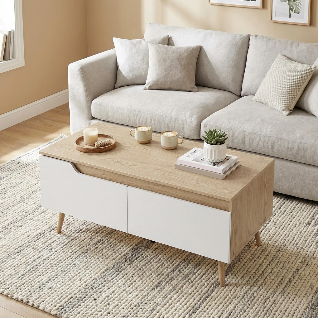 HOMCOM Masă de cafea dreptunghiulară, masă de living modernă cu 2 sertare, 5 picioare din lemn de pin, 100x50x46cm, stejar și alb | Aosom Romania