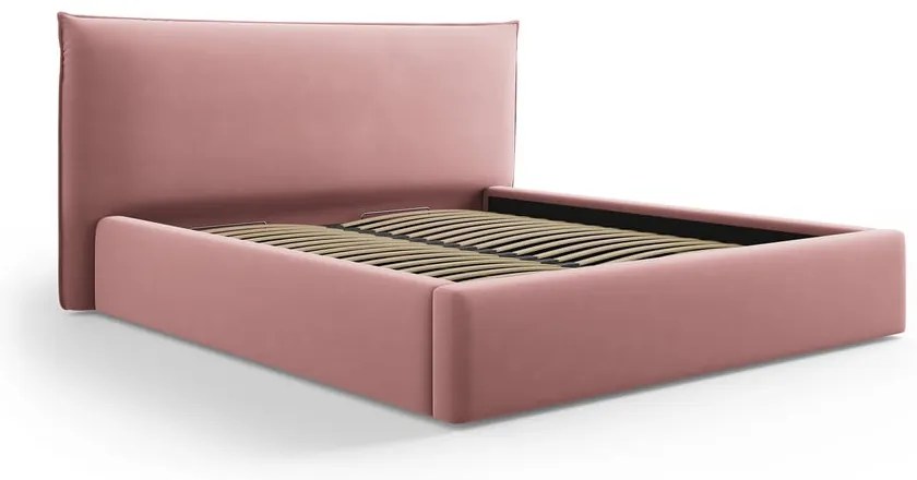 Pat matrimonial roz tapițat cu spațiu de depozitare cu somieră 180x200 cm Elio – Milo Casa