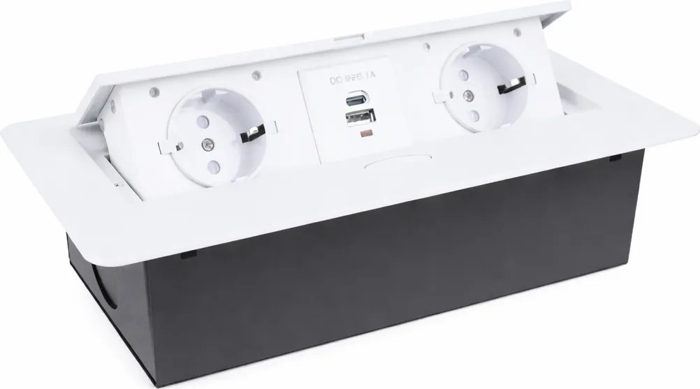 Priză încorporabilă în blat Kombibox Design Light, 2 prize Schuko, USB A + C, alb, 266 x 133 mm Alb/Negru, Metal/Plastic