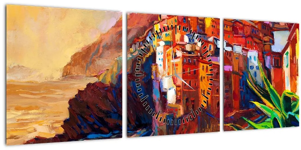 Tablou - Satul de coastă Cinque Terre, Riviera italiană, impresionismul modern (cu ceas) (90x30 cm)