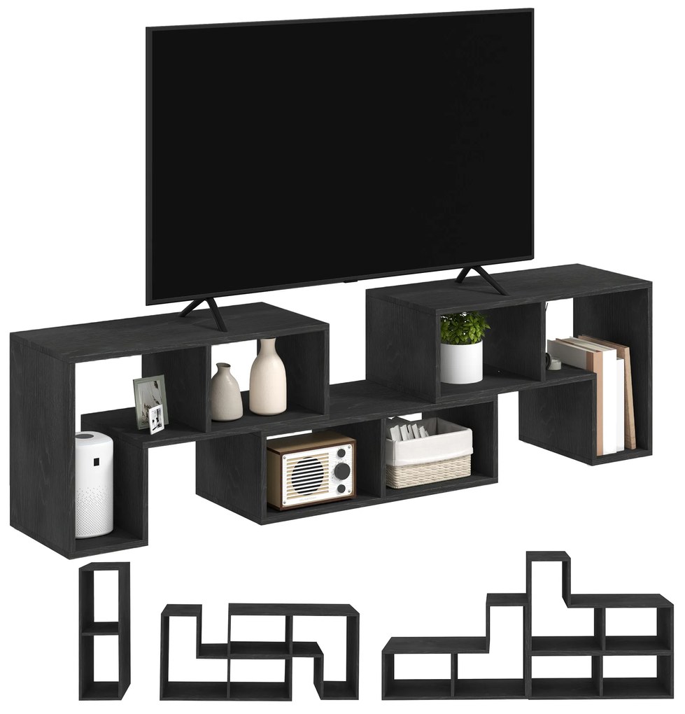 HOMCOM Mobilier TV 75" cu 2 Rafturi în Formă de L și Raft Dreptunghiular, 134-180x30,5x44 cm, Negru | Aosom Romania