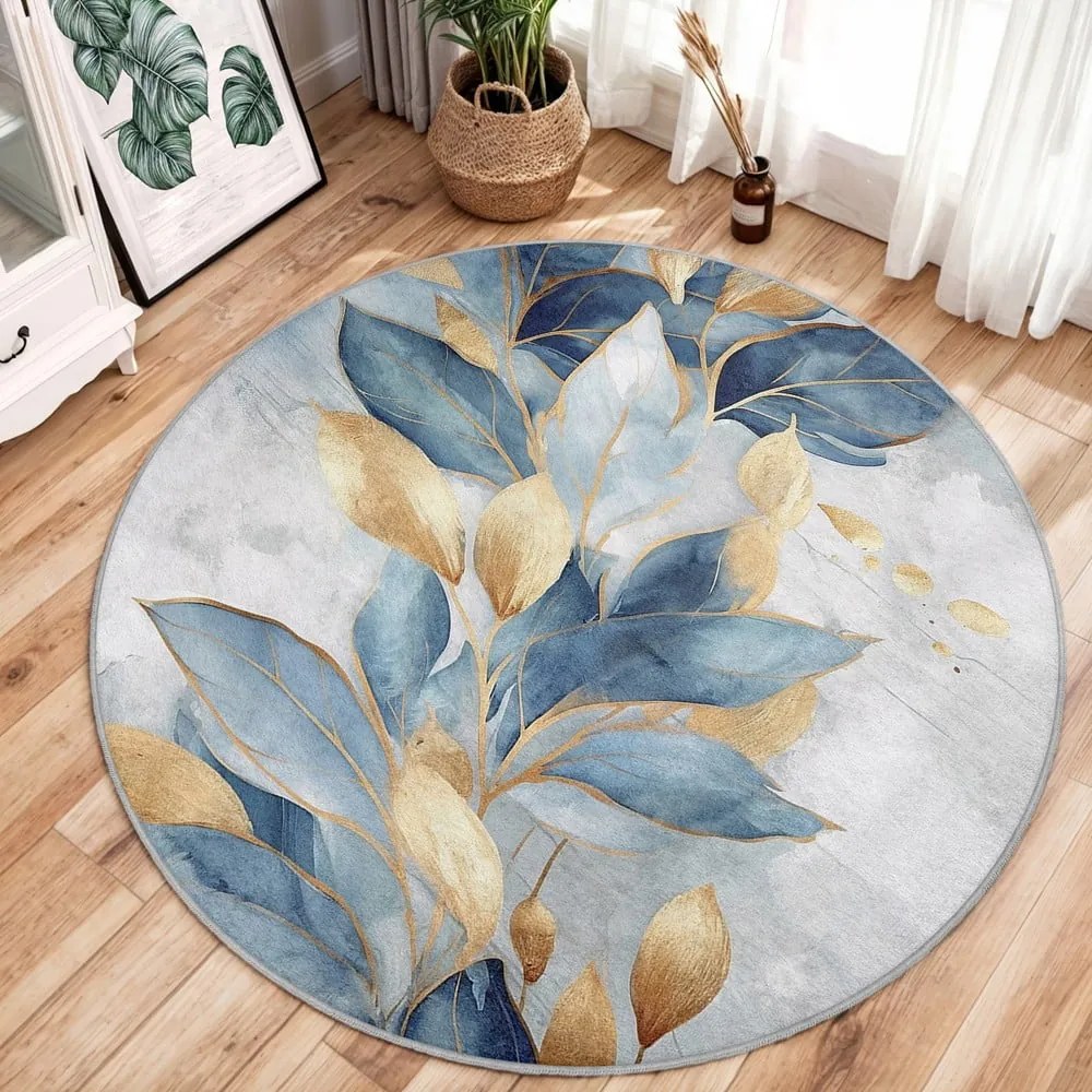 Covor albastru/auriu lavabil rotund ø 120 cm Golden Leaves – Mila Home