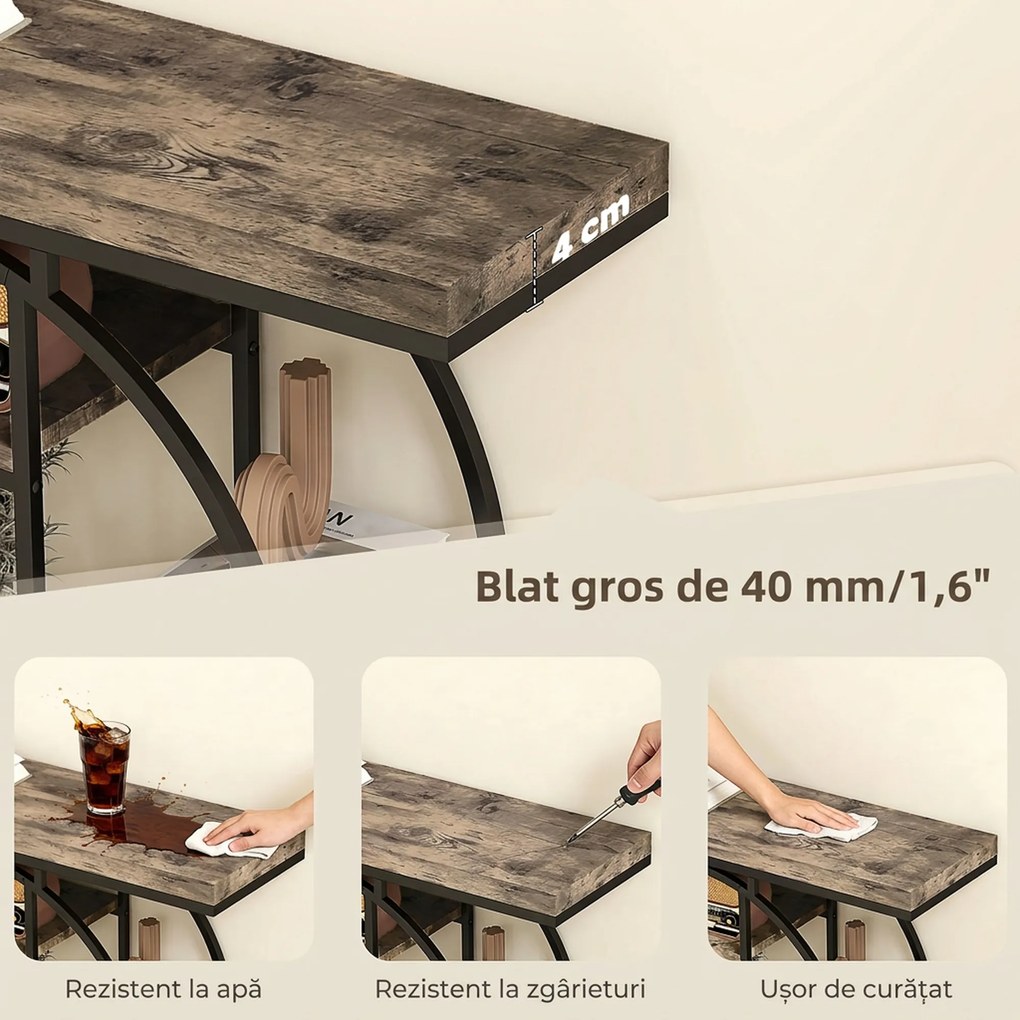 HOMCOM Masă consolă industrială cu rafturi și cadru circular din oțel, 100 x 30 x 81,5 cm, maro rustic | Aosom Romania