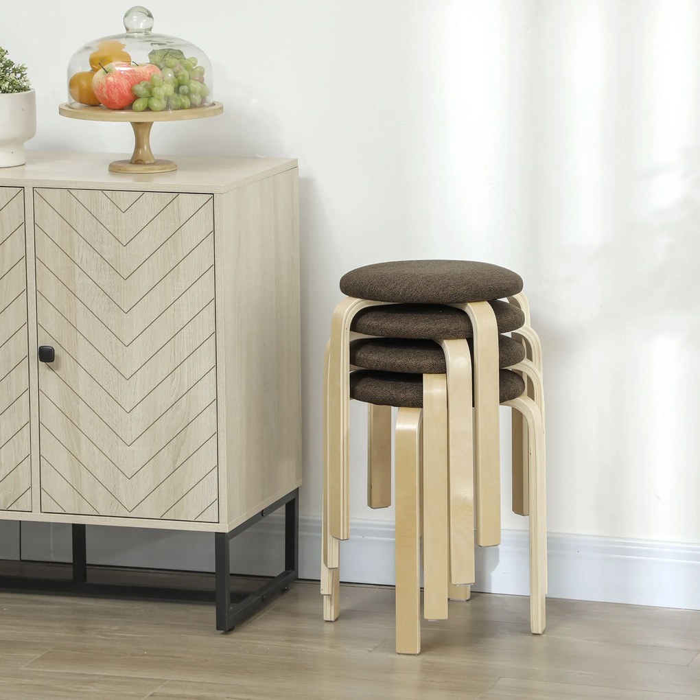 HOMCOM Taburet tapițat în set de 4, stivuibile, suprafață vopsită, picioare din lemn, Maro | Aosom Romania