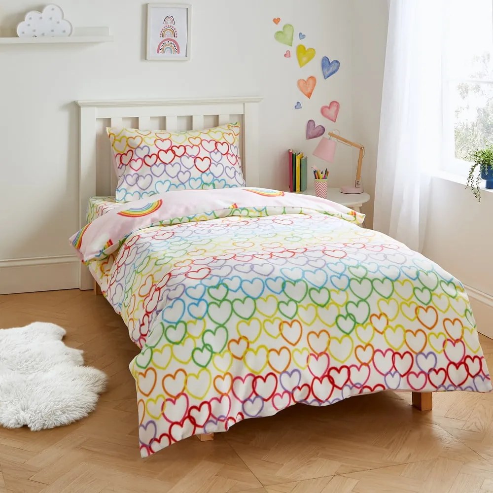 Lenjerie de pat pentru copii din flanelă pentru pătuț 120x150 cm Rainbow Hearts – Catherine Lansfield