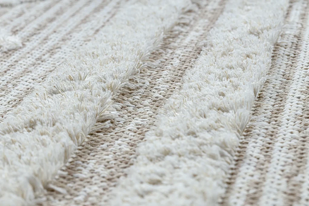Covor ECO SISAL MOROC 22322 romburi, linii, boho franjuri - structural bej / cremă
