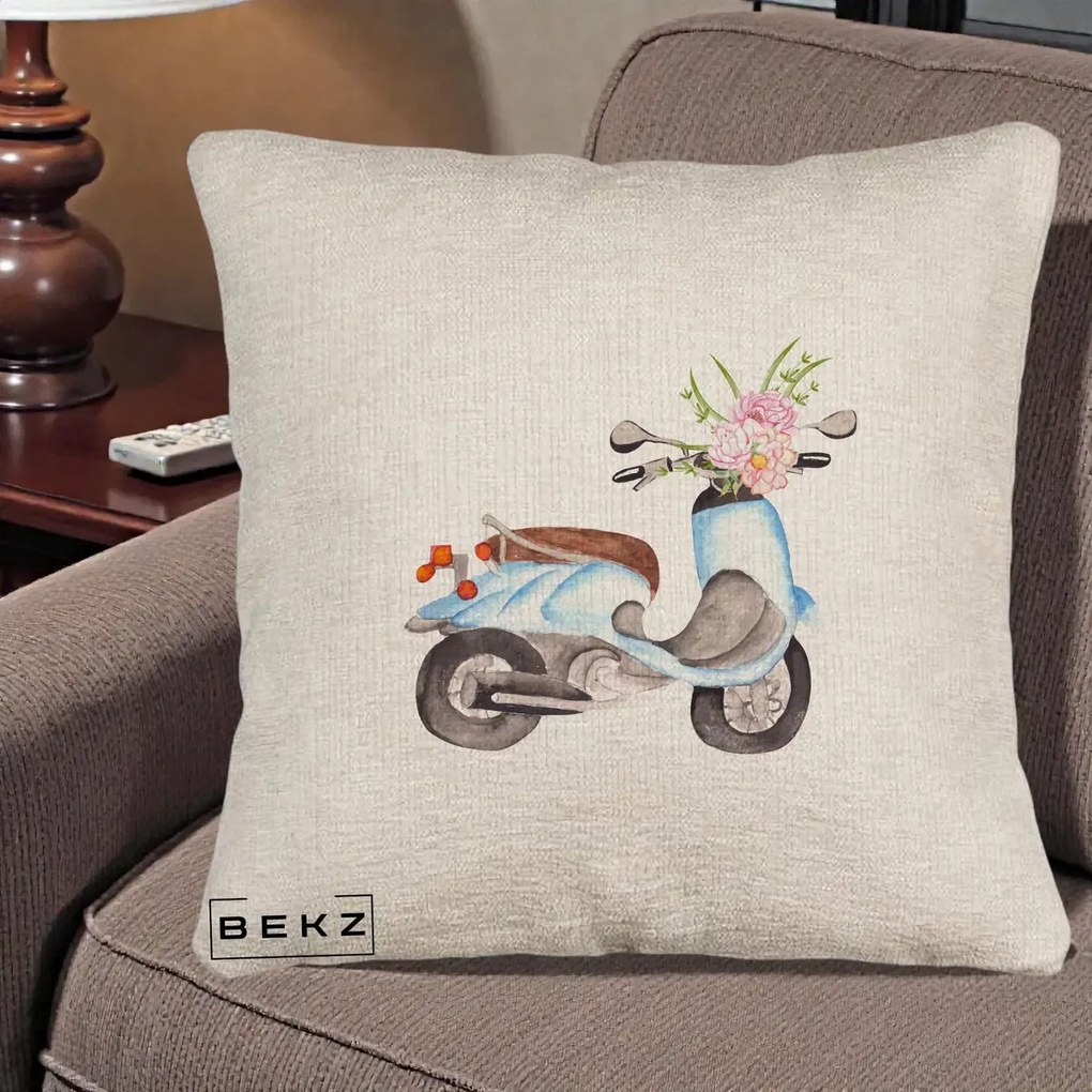 Perna Decorativa Scuter Albastru cu Flori Acuarela, 40x40 cm, Bej Canapea, Husa Detasabila, Perna Inclusa, BEKZ®