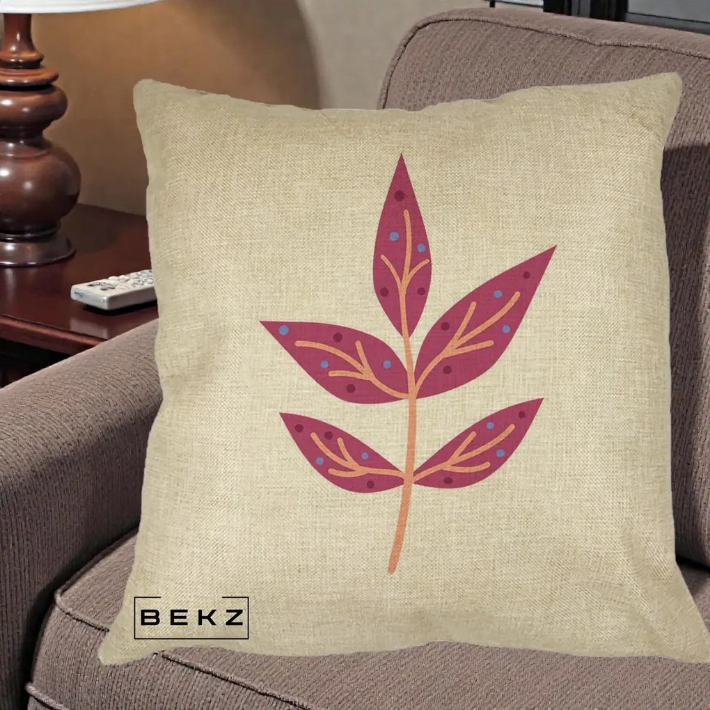 Perna Decorativa Ramura Botanica Mov, 40x40 cm, Crem, Husa Detasabila, Perna Inclusa, BEKZ®