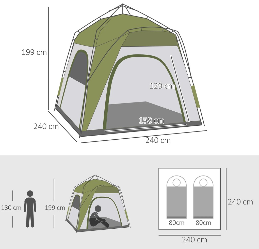 Outsunny Cort pentru Camping cu 2 Locuri, Cort cu Ușă, 3 Ferestre cu Plasă și Geantă pentru Transport, 240x240x199 cm, Verde | Aosom Romania