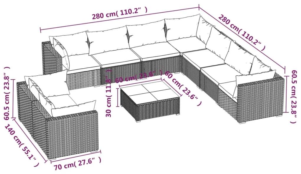 Set mobilier de gradina cu perne, 10 piese, negru, poliratan Negru, 5x colt + 4x mijloc + masa, 1