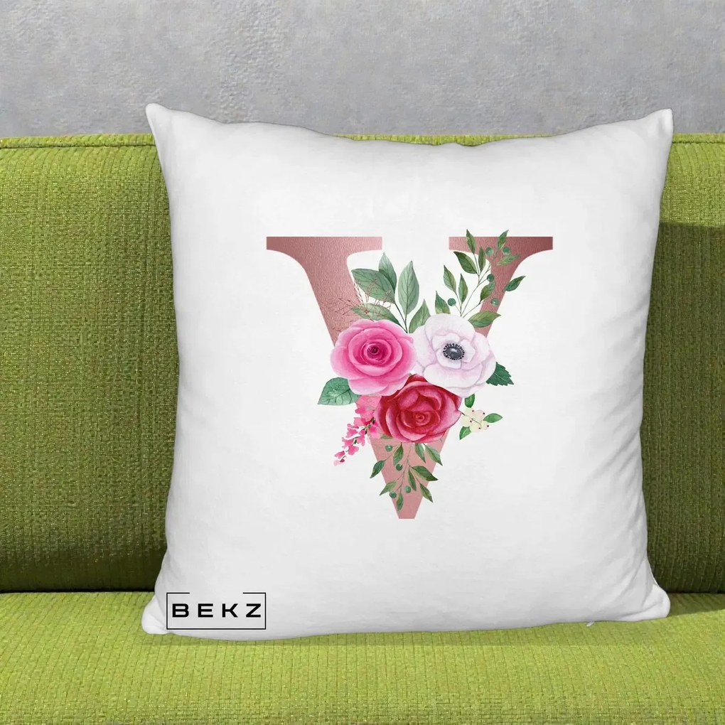 Cadou Personalizat - Perna Personalizata Monograma Rose Gold Litera V, 40x40 cm, Alb Pufos, Husa Detasabila, Perna Inclusa, BEKZ®