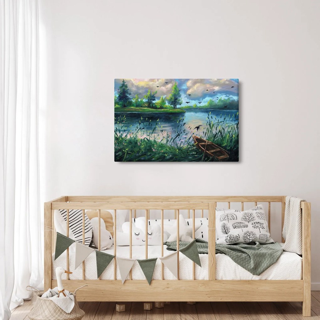 Tablou- Pictură în ulei, seară de vară lângă lac (90x60 cm)