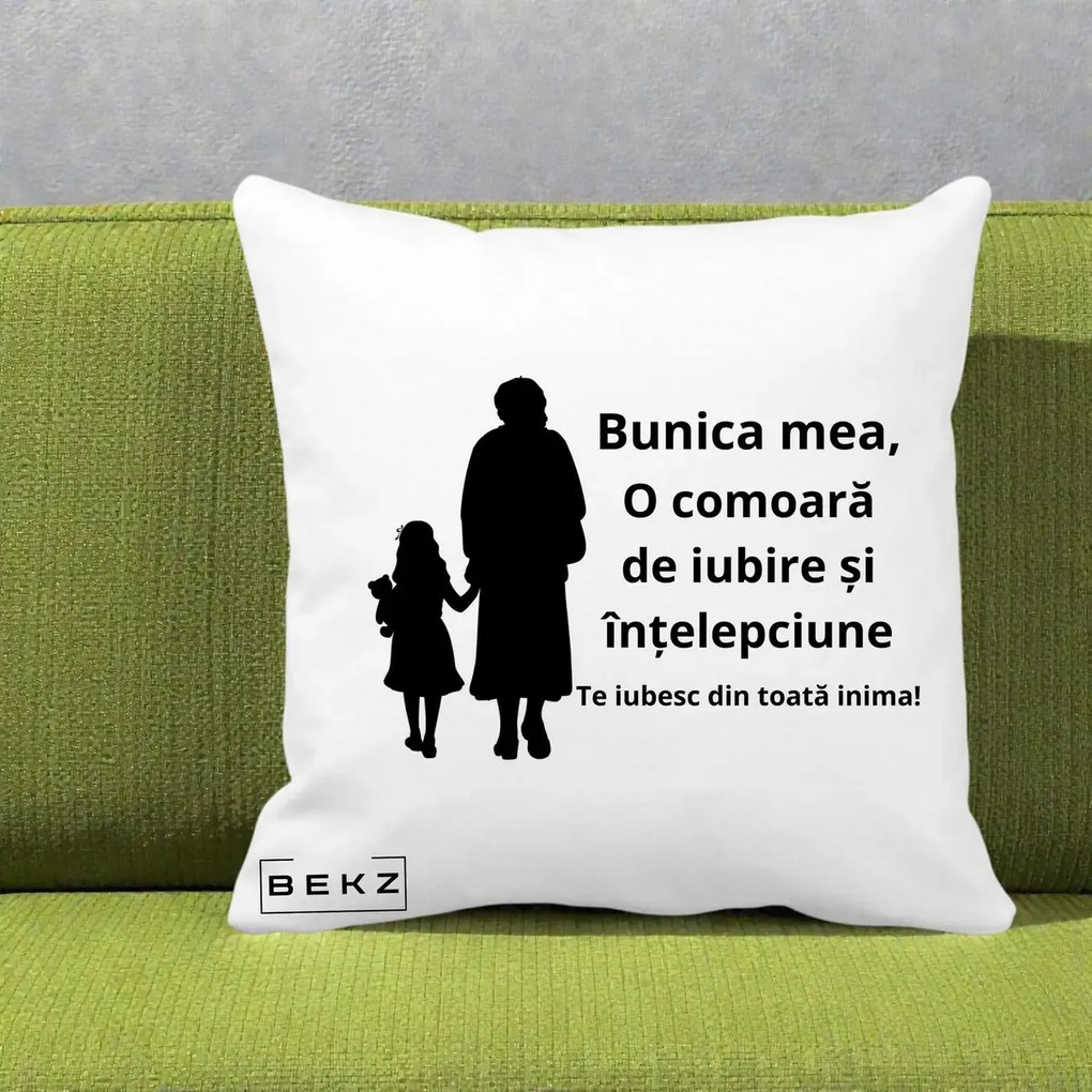 Cadou pentru Bunica - Perna Personalizata Bunica Mea Comoara Iubire Intelepciune Silueta, 40x40 cm, Alba Mata, Husa Detasabila, Perna Inclusa, BEKZ®