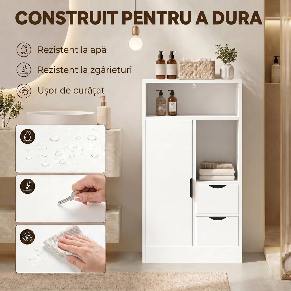 HOMCOM Dulap Baie Îngust cu 2 Sertare și Rafturi Reglabile pentru Bucătărie, Living, Hol, Alb | Aosom Romania