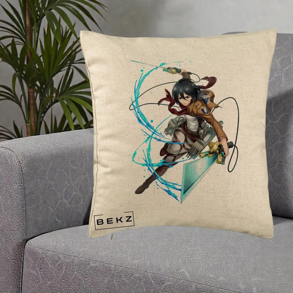 Perna Personalizata Attack on Titan Mikasa Ackerman Lupta, 40x40 cm, Bej, Husa Detasabila, Perna Inclusa, BEKZ®