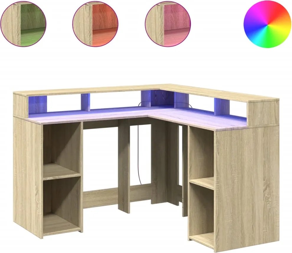 vidaXL Birou cu lumini LED stejar sonoma 130x130x91 cm, lemn prelucrat