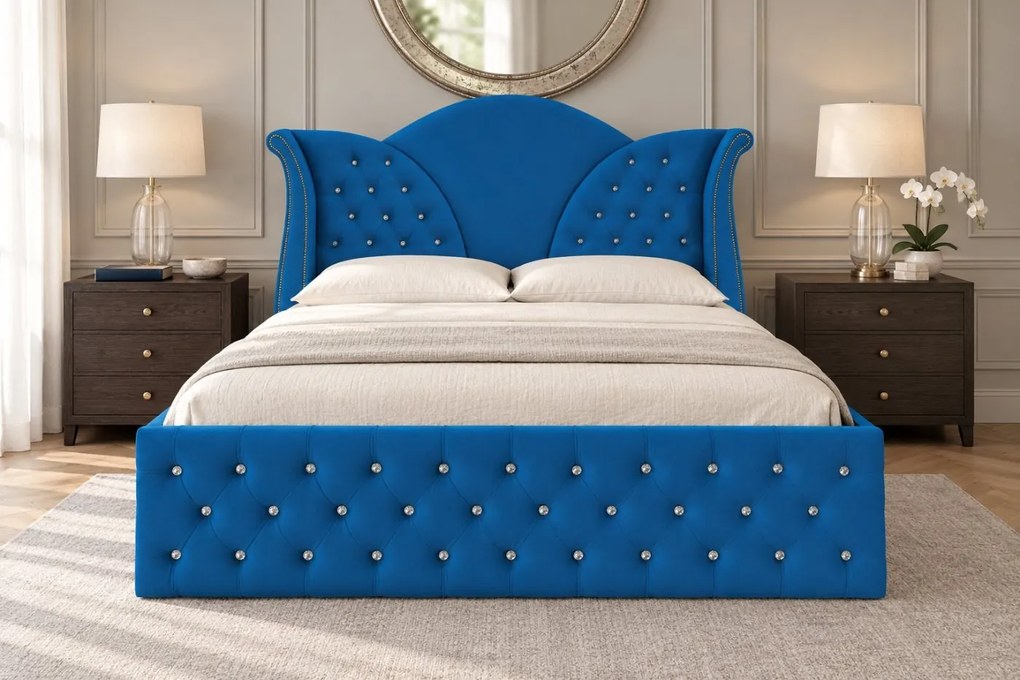 Pat tapițat Chesterfield din catifea Velora Cristal 180×200 cm, albastru, cu ladă de depozitare