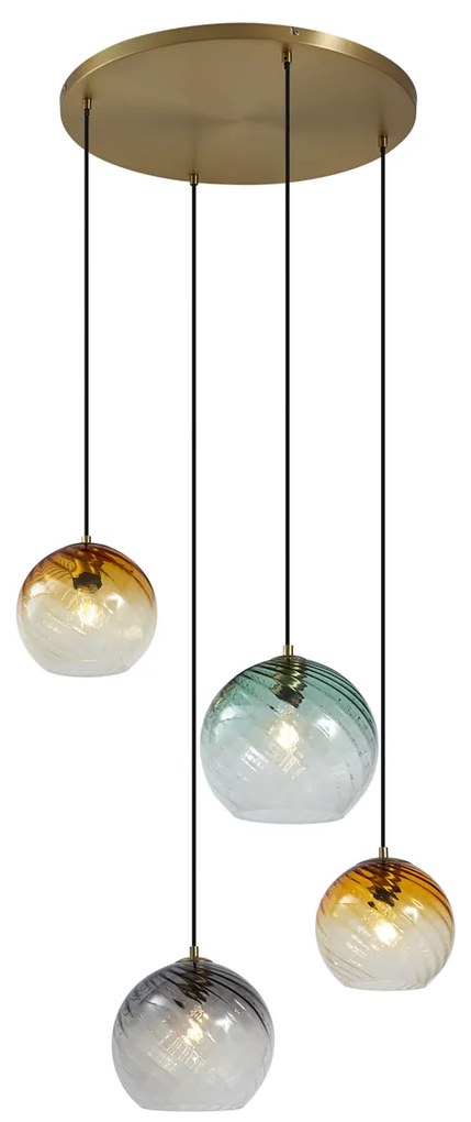 Lampă suspendată bronz cu sticlă rotundă fumurie, ambră și verde, cu 4 lumini - Bao