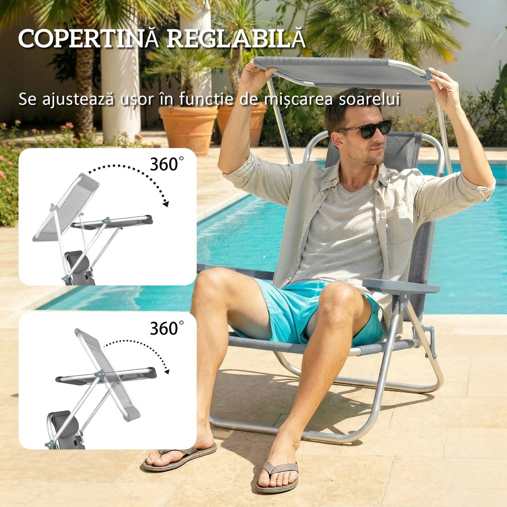 Outsunny Șezlong Reclinabil cu 6 Nivele, Copertină Reglabilă și Tetieră, din Aluminiu și Plasă, 62x68x79, Gri | Aosom Romania
