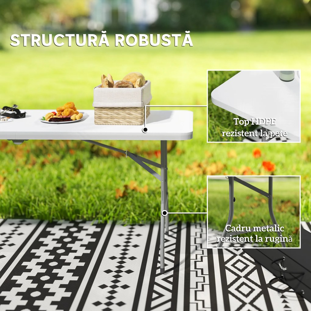 Outsunny Masă de Camping Pliabilă cu Mâner, Cadru Metalic și Blat din Plastic, 180x74x74 cm, Alb | Aosom Romania