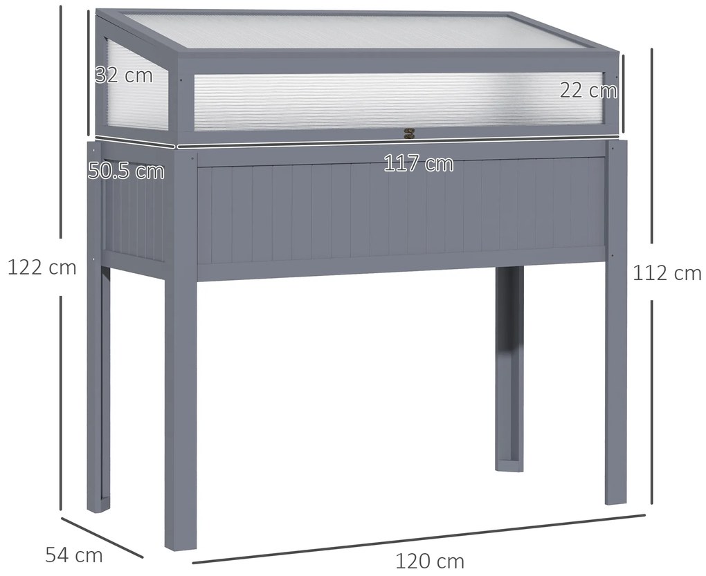 Outsunny Pat inalt din lemn cu sera 2 in 1, Gradina de roșii, Grădină de legume, Pat de plante aromatice, Parcare pentru grădină și terasă din policarbonat, Gri 120 x 54 x 112/122 cm | Aosom Romania