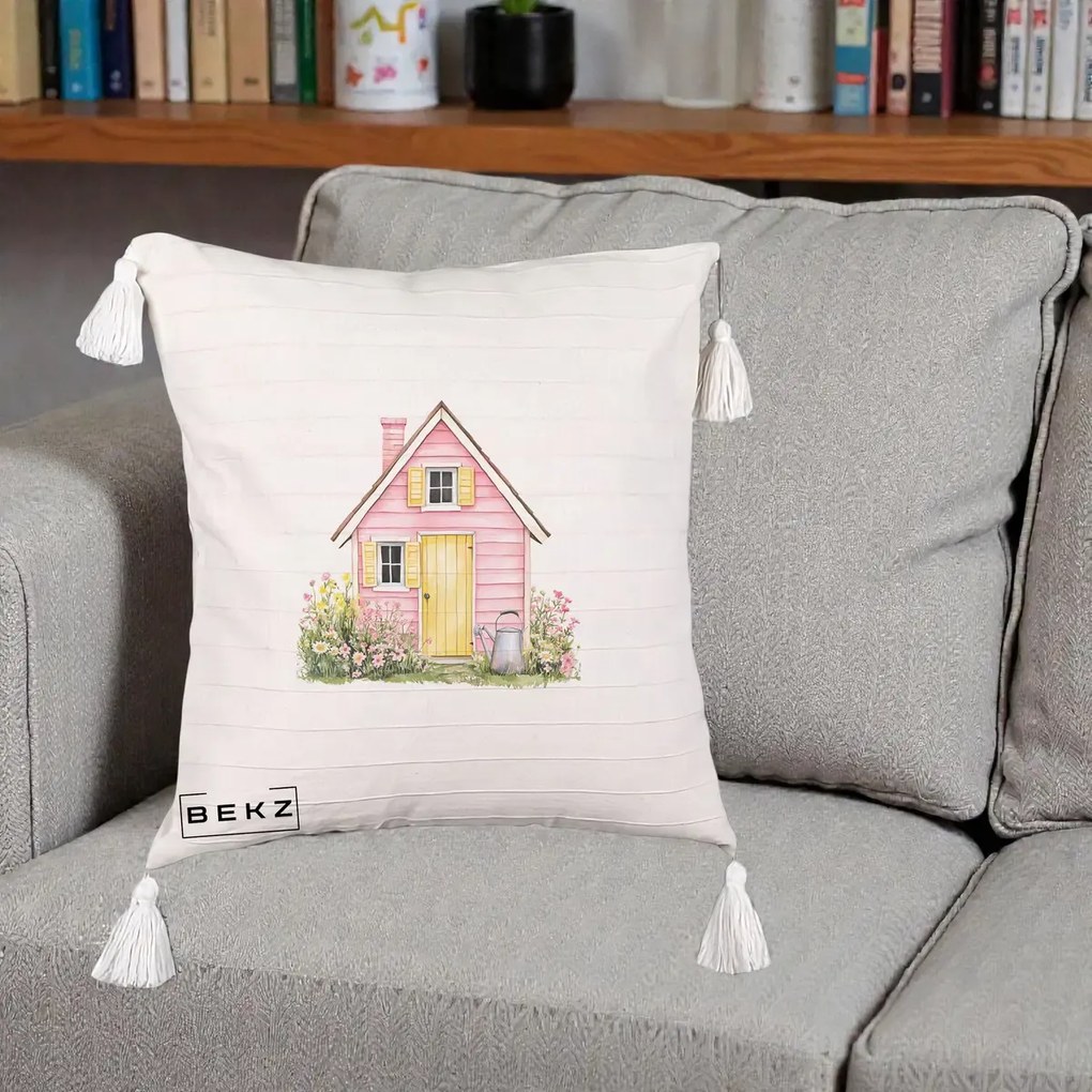 Perna Decorativa Casuta Roz Acuarela cu Gradina, 40x40 cm, Bej cu Franjuri, Husa Detasabila, Perna Inclusa, BEKZ®